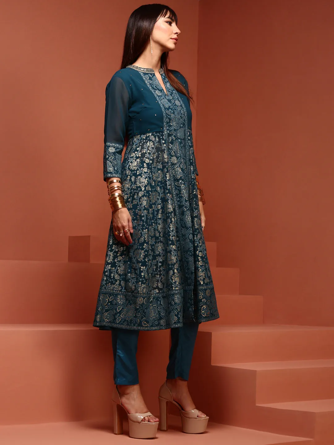 Teal Brocade Gathered Kurta Set