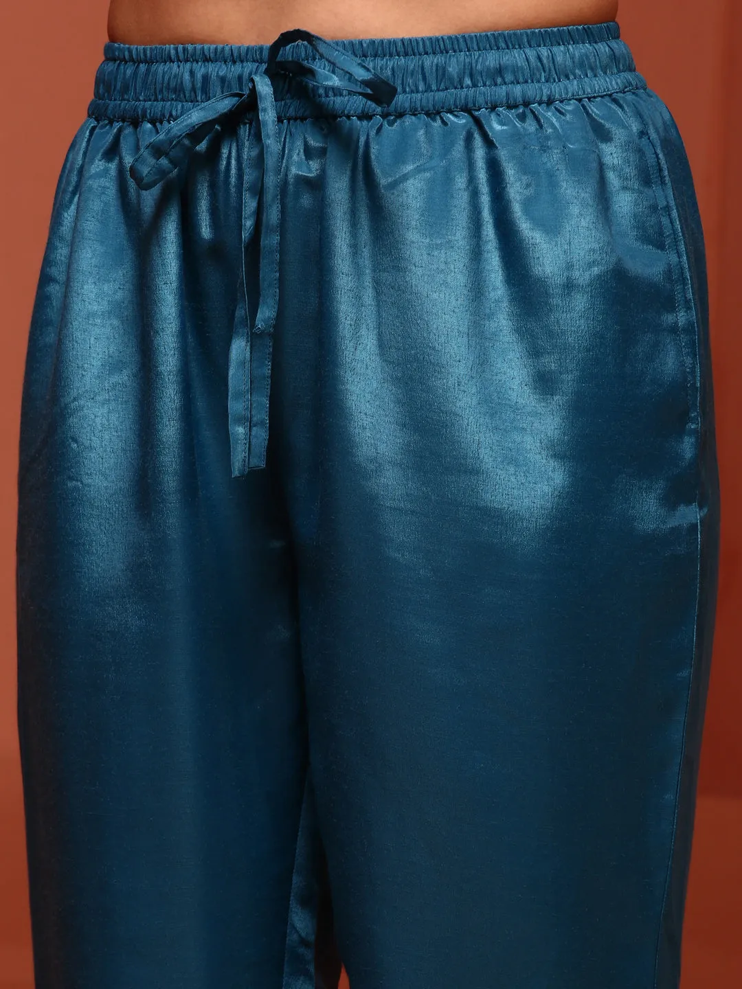 Teal Brocade Gathered Kurta Set