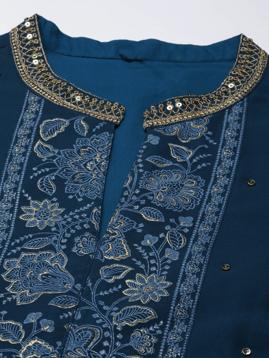 Teal Brocade Gathered Kurta Set