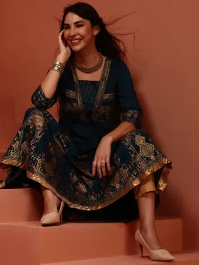 Teal Printed Shantoon Kalidar Kurta