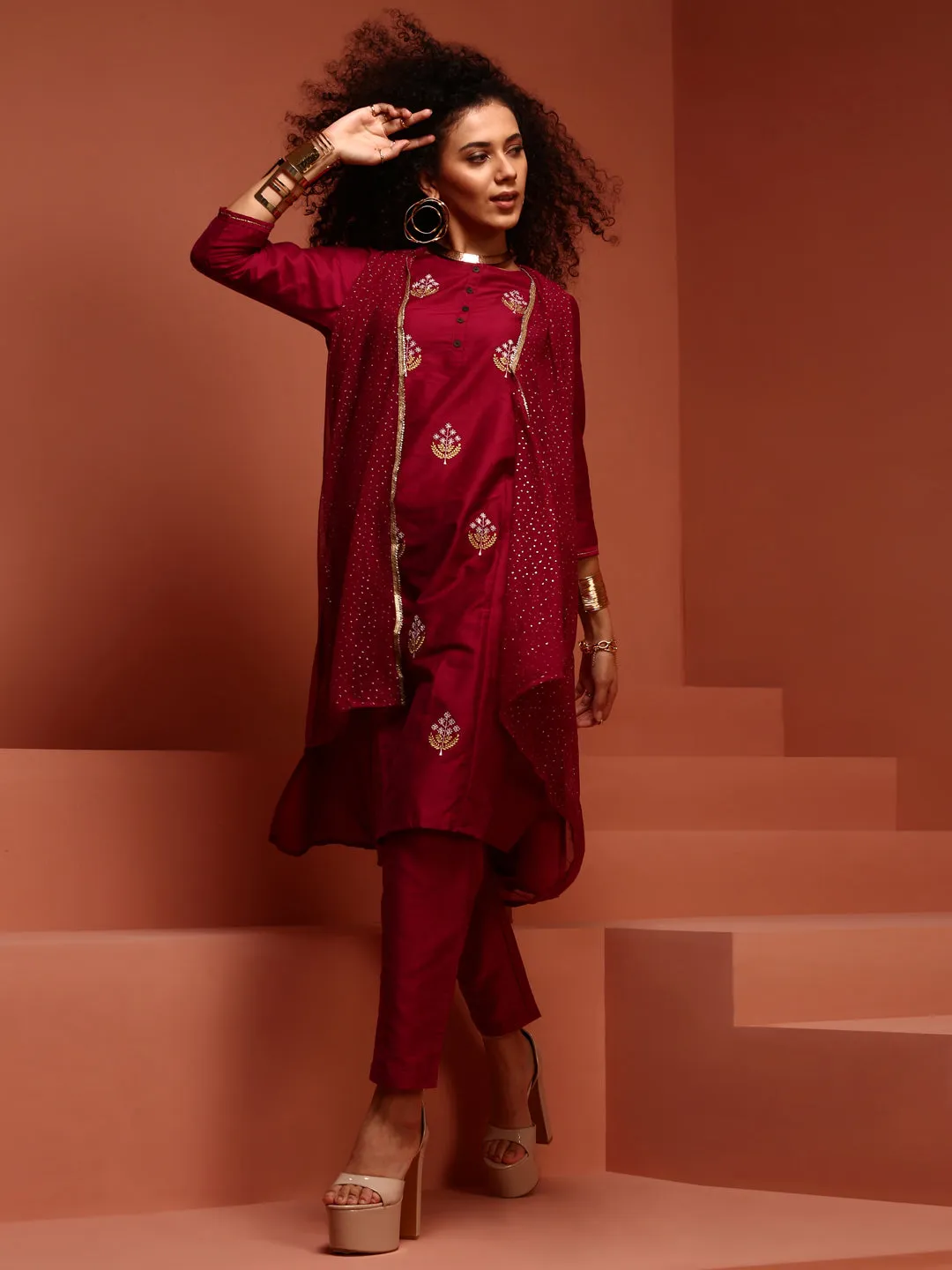 Wine- Coloured Embroidered Kurta Set