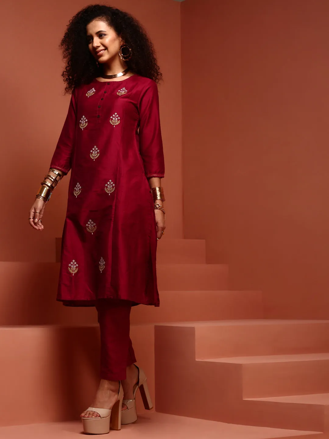 Wine- Coloured Embroidered Kurta Set