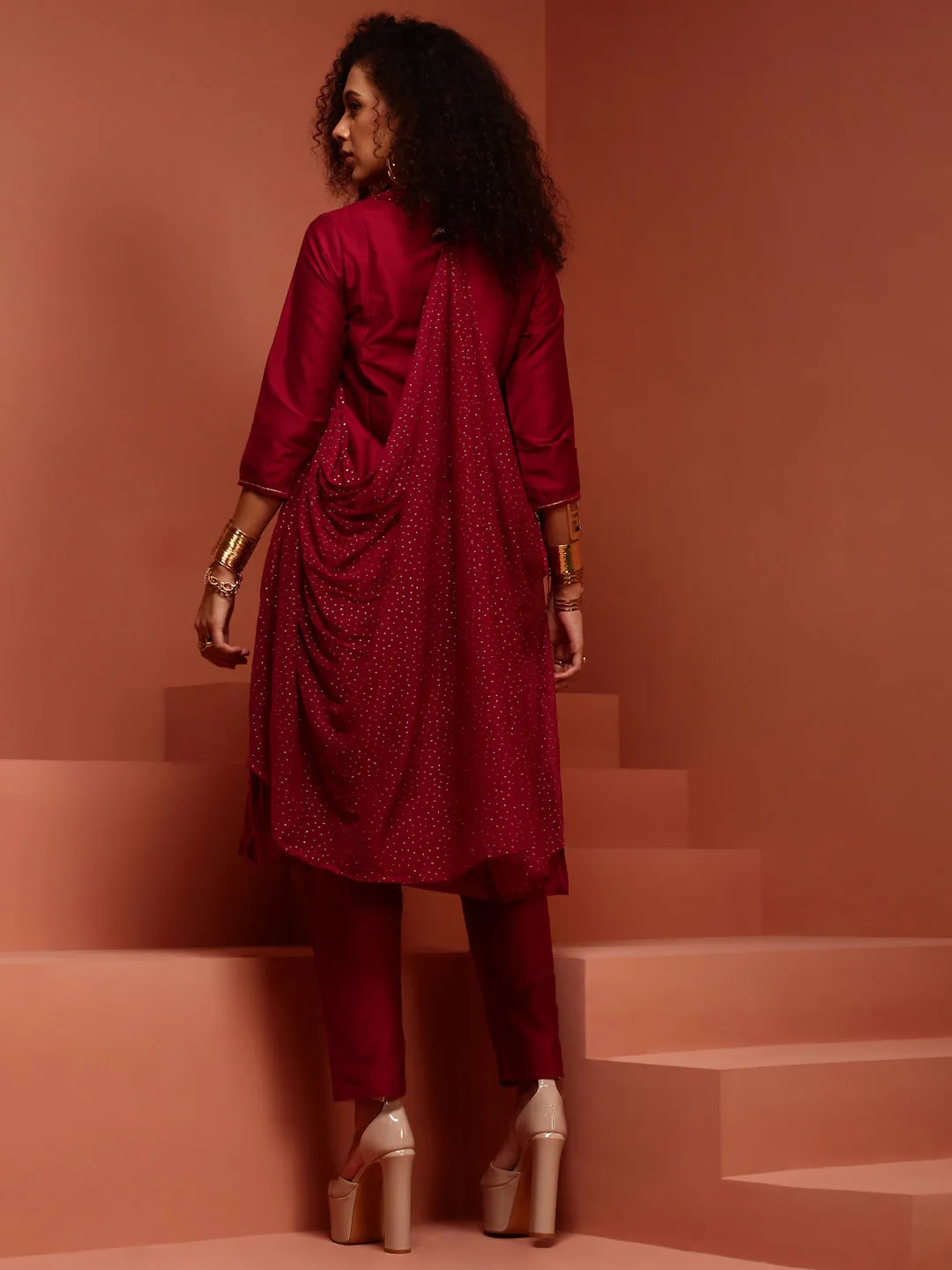 Wine- Coloured Embroidered Kurta Set
