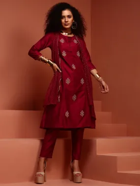 Wine- Coloured Embroidered Kurta Set