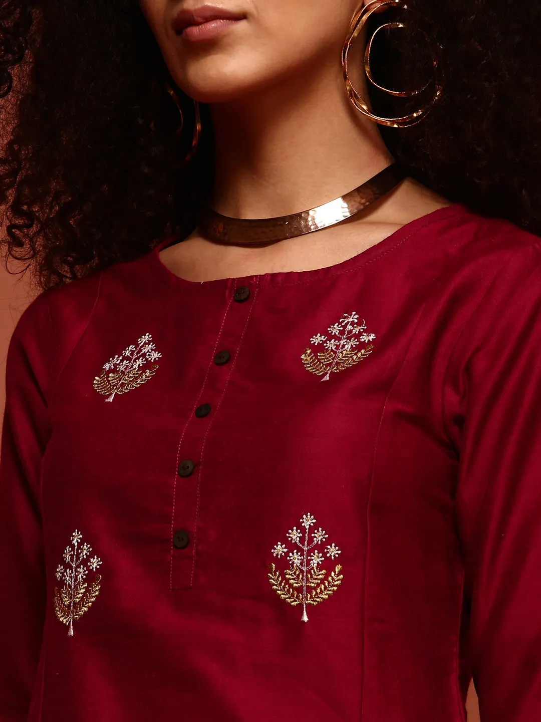 Wine- Coloured Embroidered Kurta Set