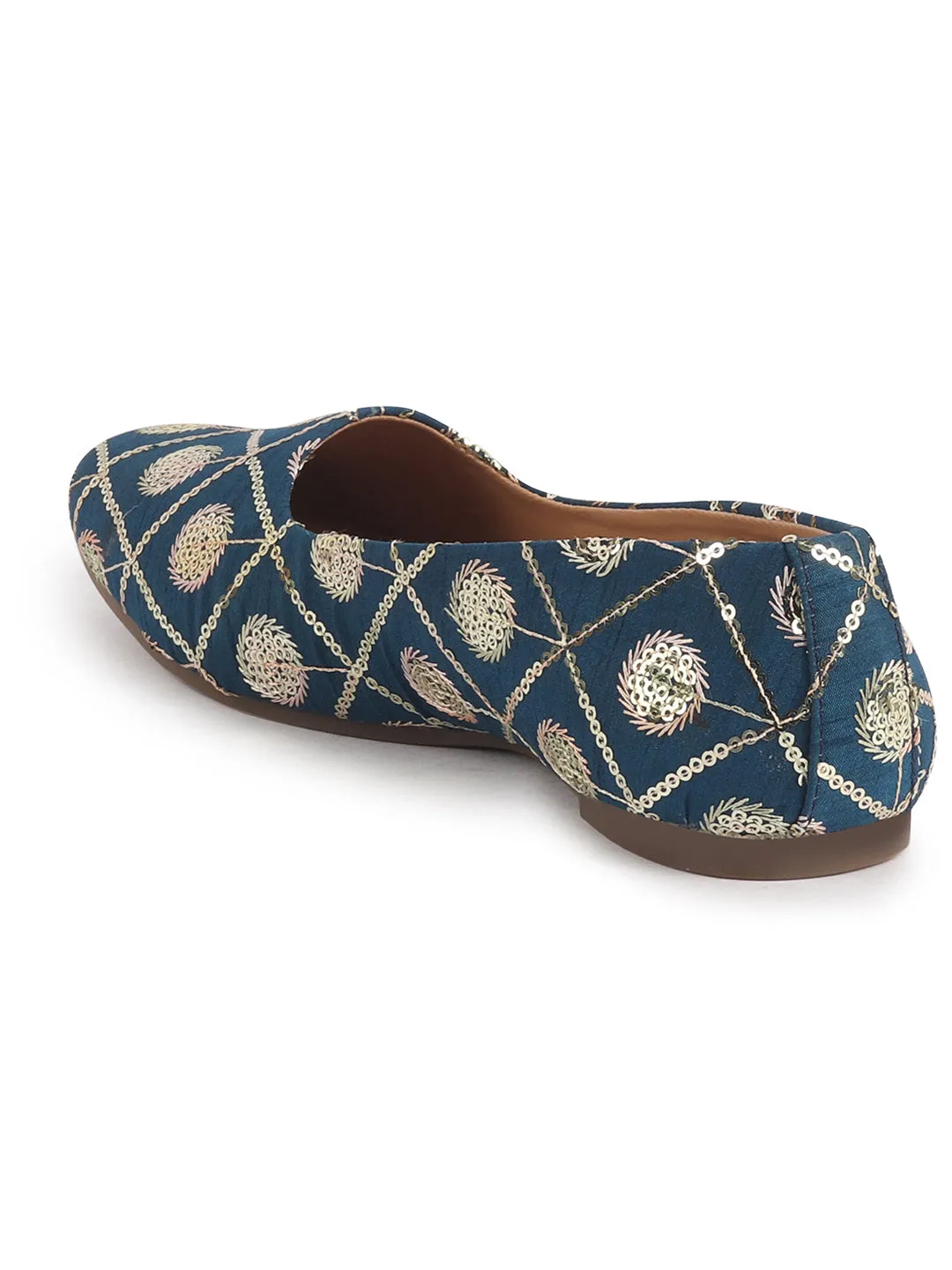 Women Blue Ethnic Silk Embroidery Zardozi Slip On Juttis and Mojaris for Wedding|Juttis for Lehanga|Festive Slip-On
