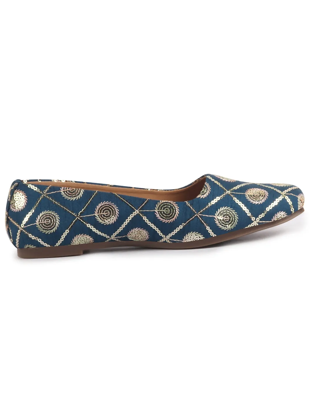 Women Blue Ethnic Silk Embroidery Zardozi Slip On Juttis and Mojaris for Wedding|Juttis for Lehanga|Festive Slip-On