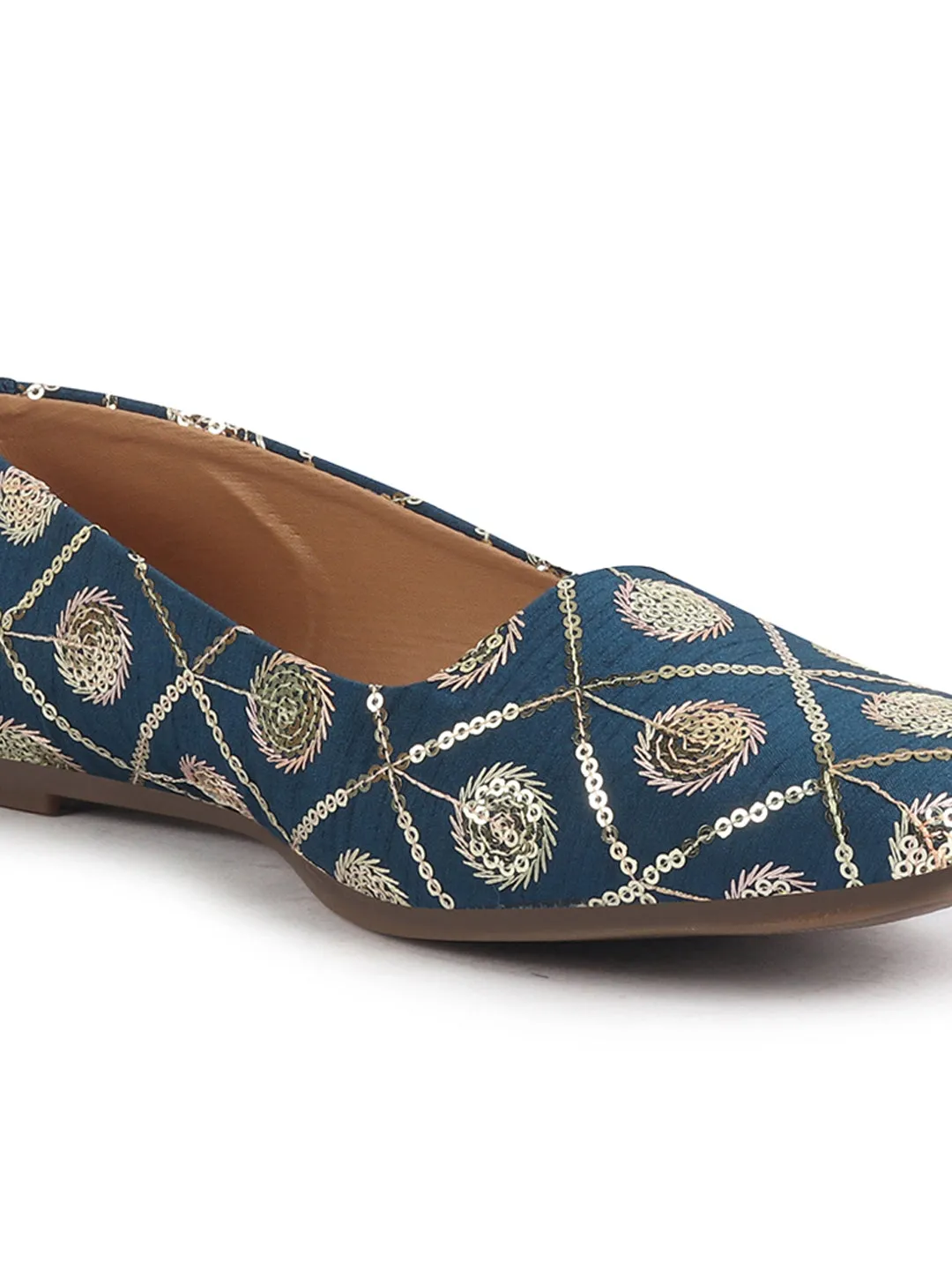 Women Blue Ethnic Silk Embroidery Zardozi Slip On Juttis and Mojaris for Wedding|Juttis for Lehanga|Festive Slip-On