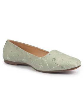 Women Ethnic Embroidered Design Handcrafted Juttis For Mehendi & Haldi|Premium Fabric Wedding Festive Slip ons Mojaris |Soft Cushioned Insole