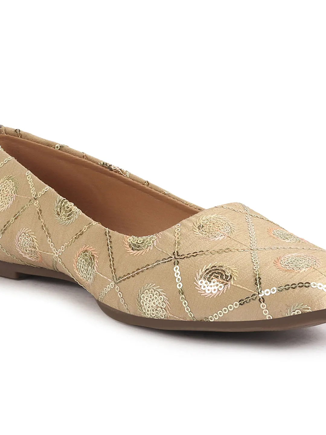Women Golden Ethnic Silk Embroidery Zardozi Slip On Juttis and Mojaris for Wedding|Juttis for Lehanga|Festive Slip-On