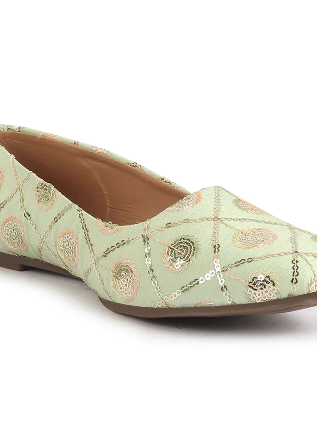 Women Pista Green Ethnic Silk Embroidery Zardozi Slip On Juttis and Mojaris for Wedding|Juttis for Lehanga|Festive Slip-On