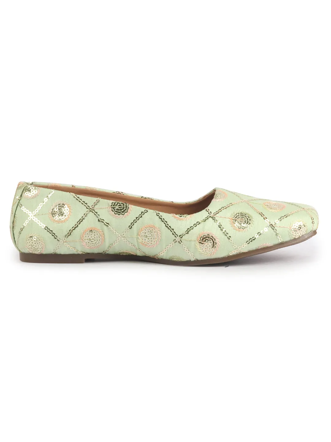Women Pista Green Ethnic Silk Embroidery Zardozi Slip On Juttis and Mojaris for Wedding|Juttis for Lehanga|Festive Slip-On