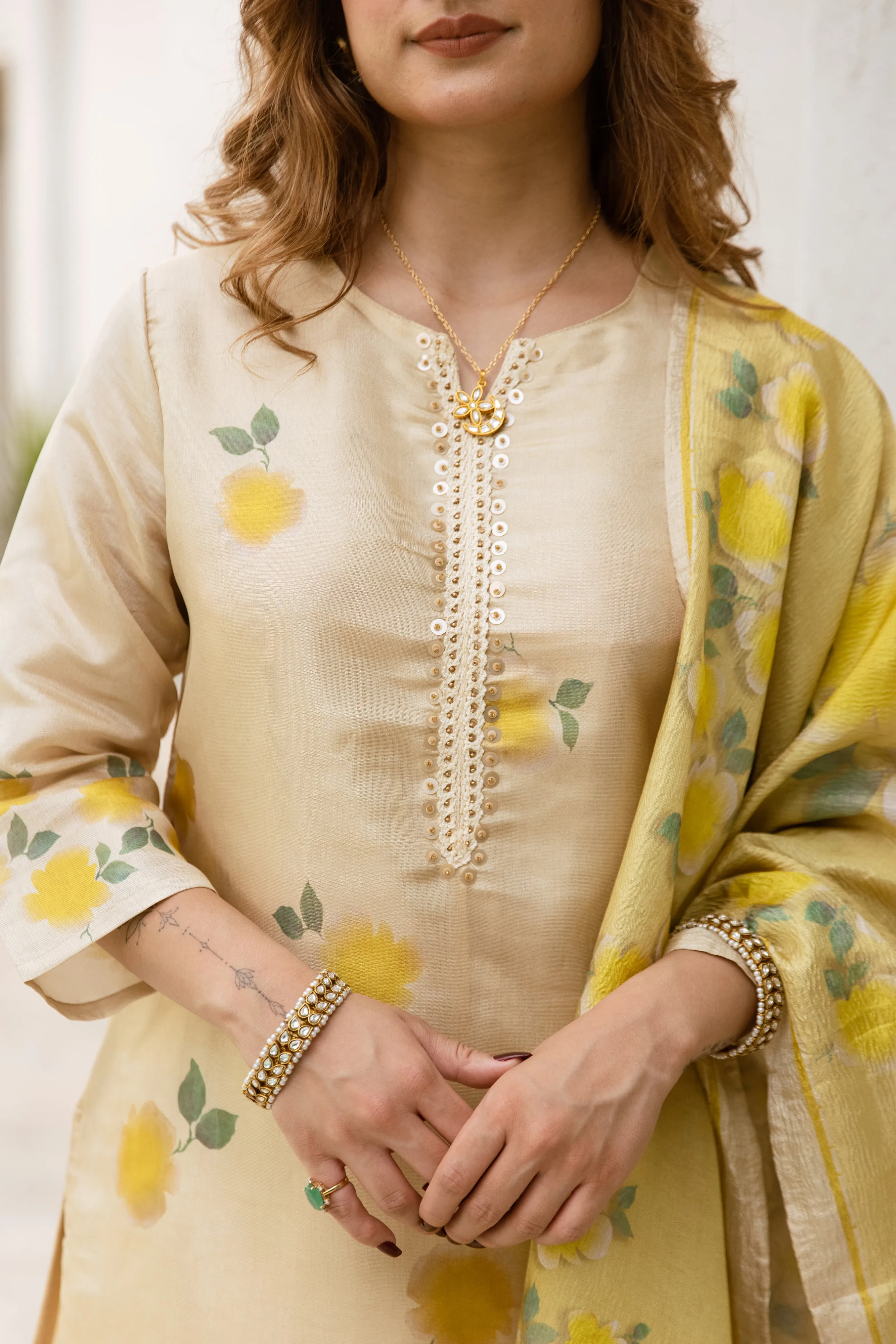 womens Cream Chanderi Kurta Pant and Dupatta Set