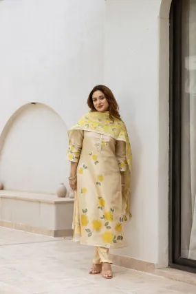 womens Cream Chanderi Kurta Pant and Dupatta Set