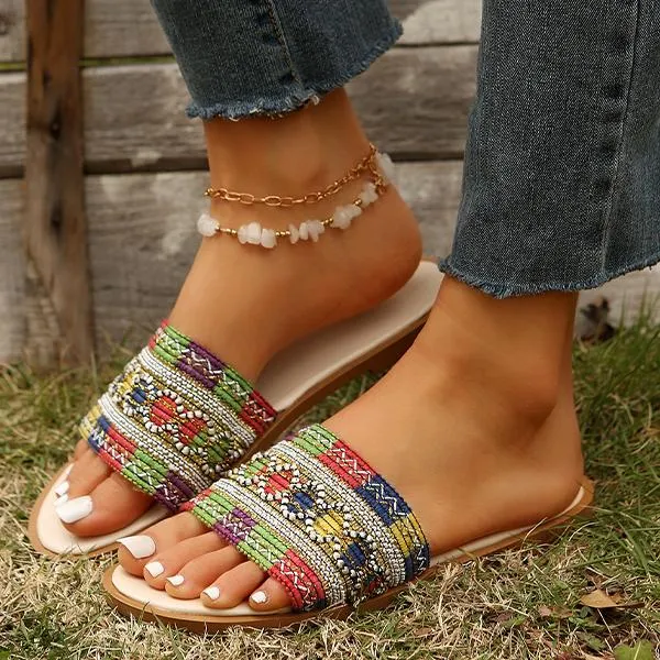 Women's Elegant Pearl Ethnic Style Flat Slippers 35635342S