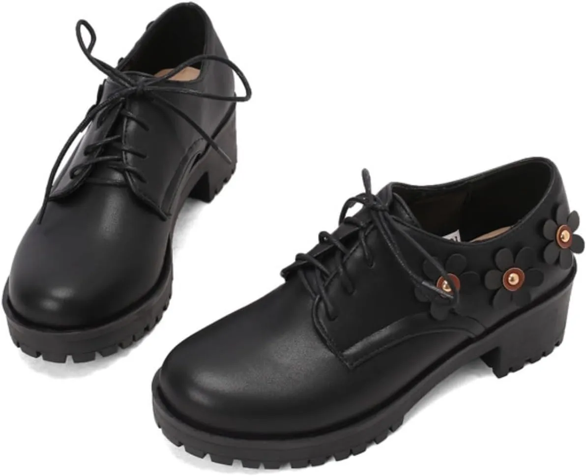Women's Platform Vintage Perforated Lace-Up Oxfords Pumps Round Toe Low Block Chunky Heel Wingtip Brogues Comfortable Derby Saddle Loafers Shoes
