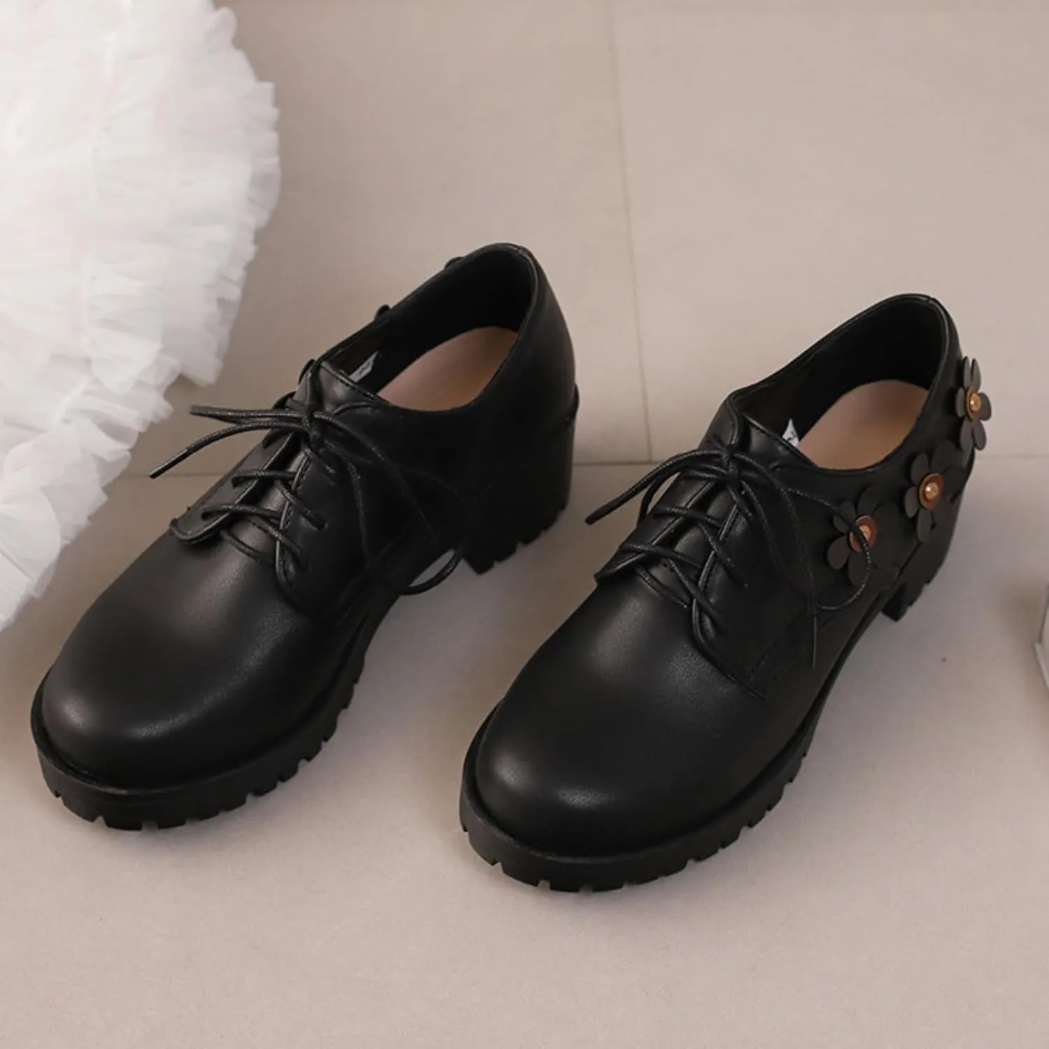 Women's Platform Vintage Perforated Lace-Up Oxfords Pumps Round Toe Low Block Chunky Heel Wingtip Brogues Comfortable Derby Saddle Loafers Shoes